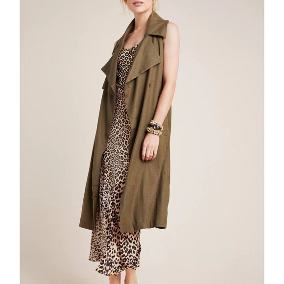Anthropologie Trench Vest Womens M Olive Green Linen Blend Sleeveless Wrap Belt - Picture 1 of 16